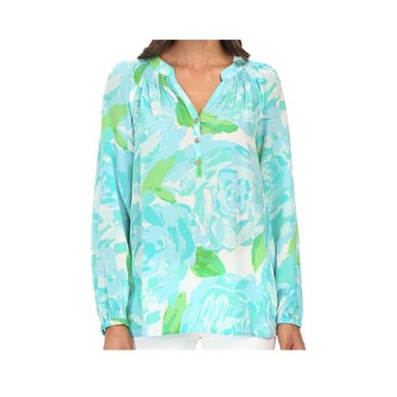 Lilly Pulitzer Elsa Poolside Blue First Impressions Silk Blouse - Picture 1 of 6